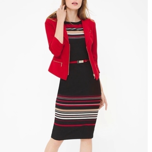 White House Black Market Striped Slimming Sheath Dress Leather Trim 6 Small - Picture 2 of 11